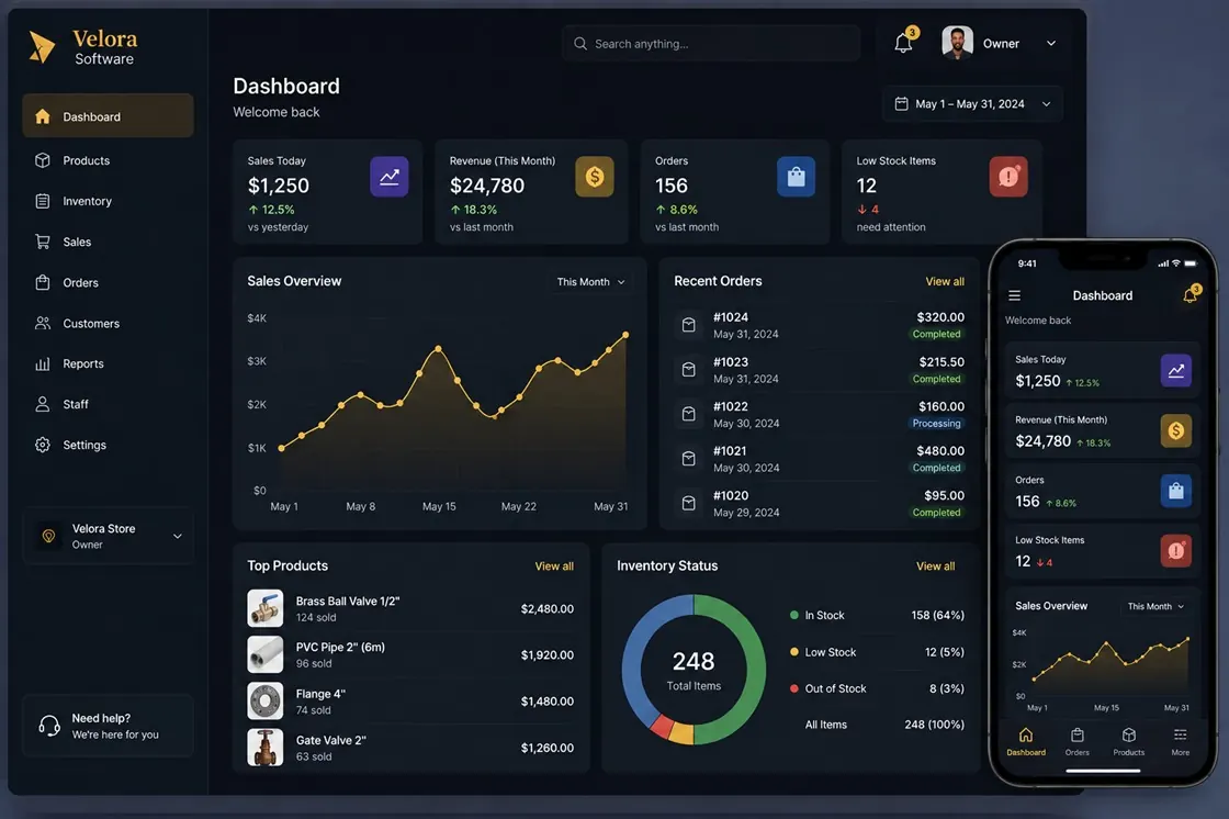 Inventory and sales software by Velora shown on desktop and mobile