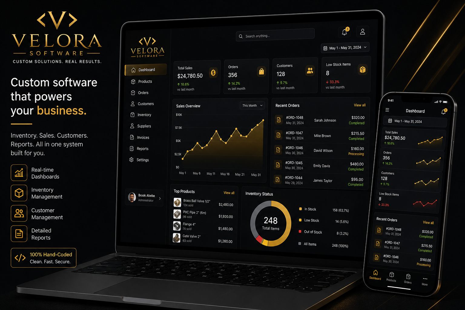 Velora Software inventory dashboard shown on a laptop and phone, with sales, orders, customers, low-stock alerts and a sales chart