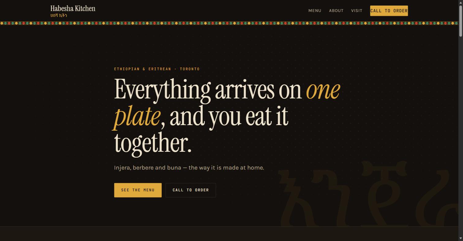 Habesha Kitchen restaurant website homepage